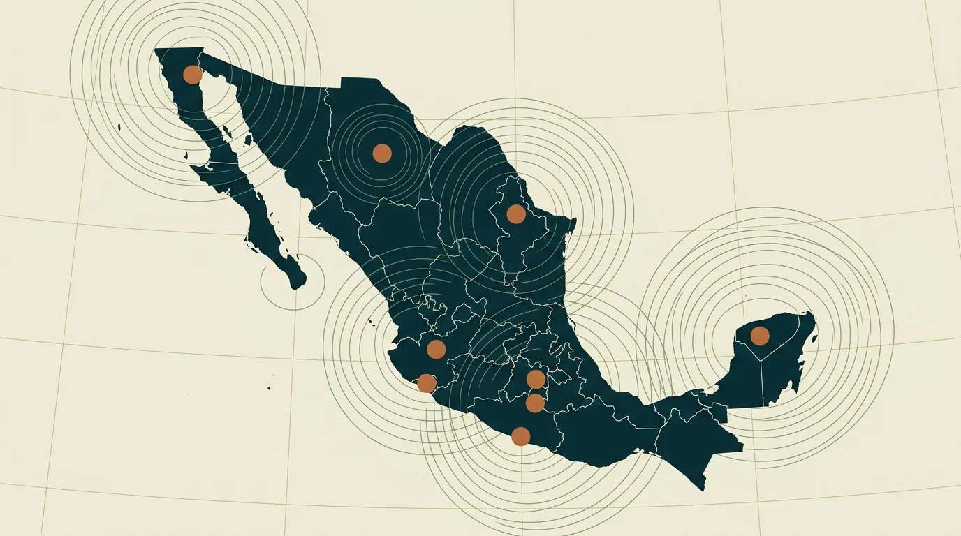 Mapa estilizado de México con puntos marcando ubicaciones de proyectos