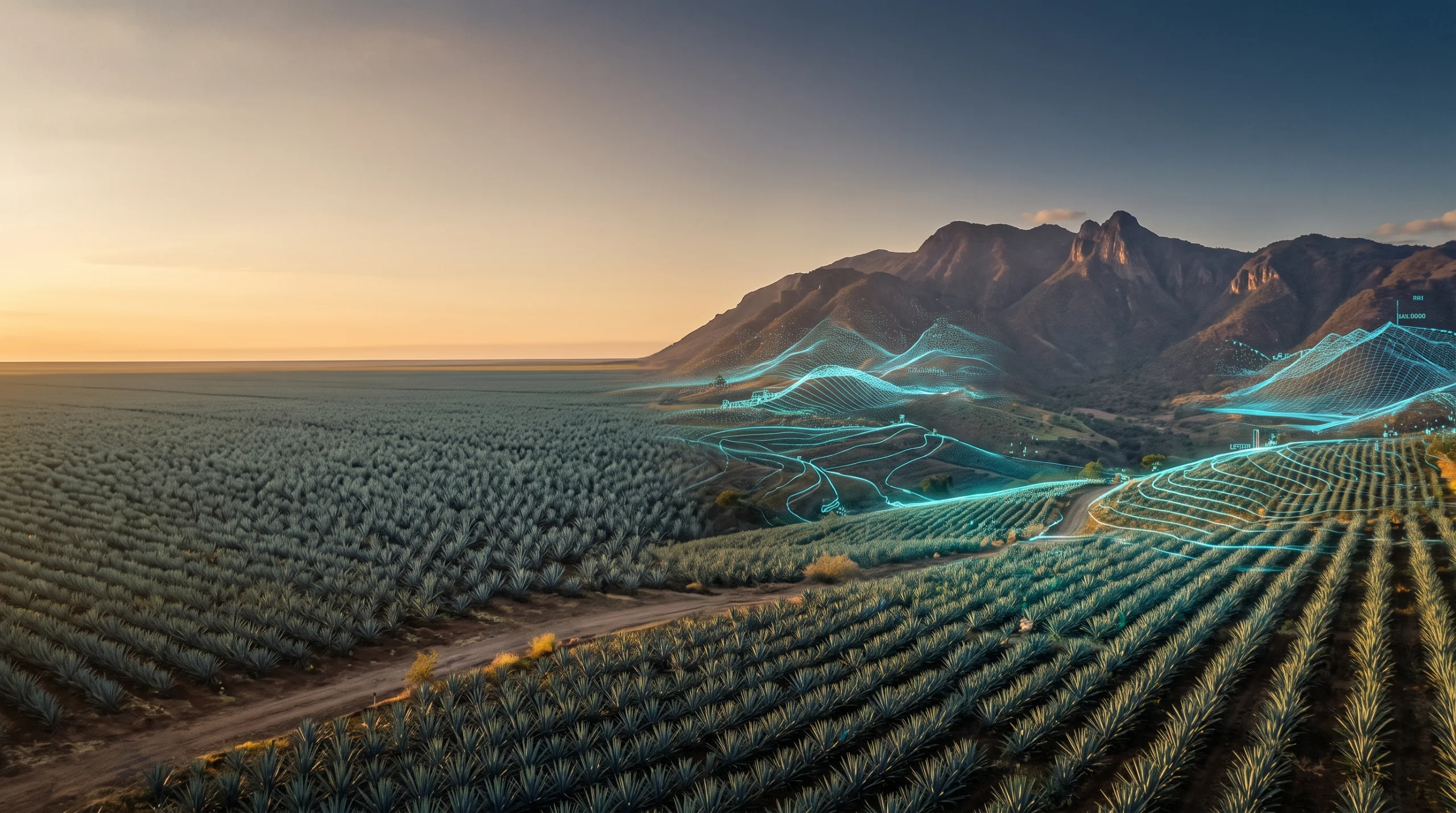Paisaje mexicano donde confluyen una plataforma de obra, hileras de agave y bosque bajo, cruzados por un camino de terracería