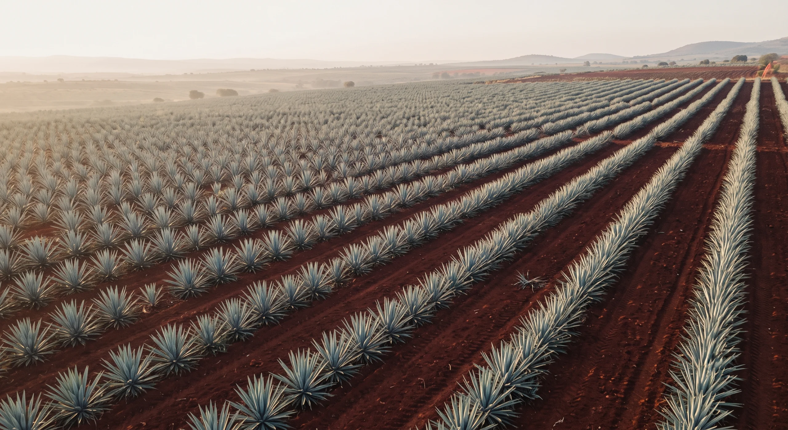 Hileras de agave azul sobre suelo volcánico rojo vistas desde el aire
