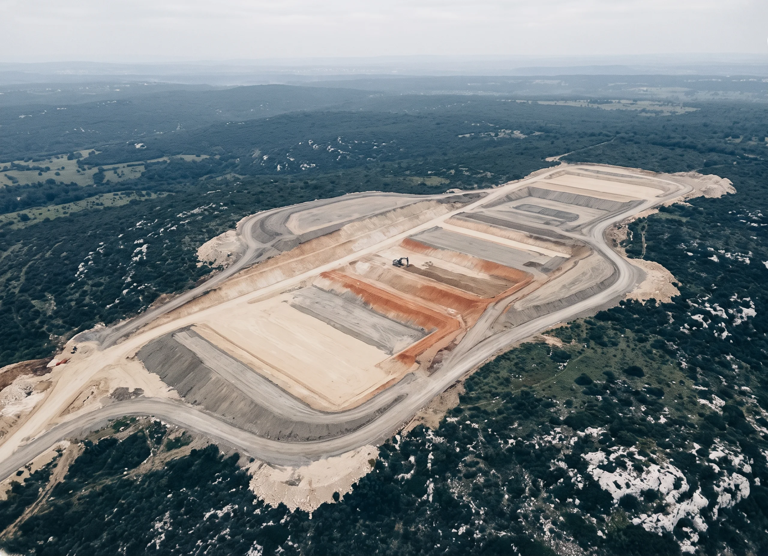 Plataforma de terracerías con taludes y caminos de acarreo vista desde un dron