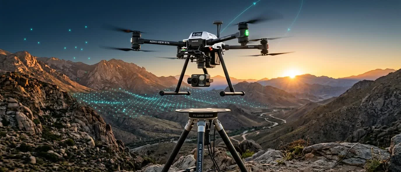 Instrumental topográfico y dron de levantamiento desplegado en campo al amanecer con antena GNSS en trípode