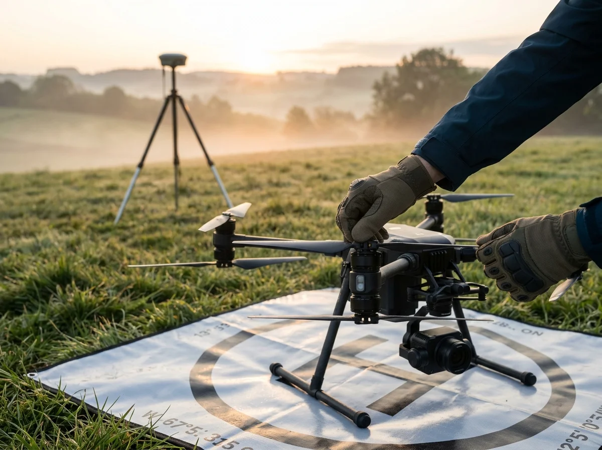 Dron de levantamiento sobre su tapete al amanecer con una antena GNSS en trípode al fondo
