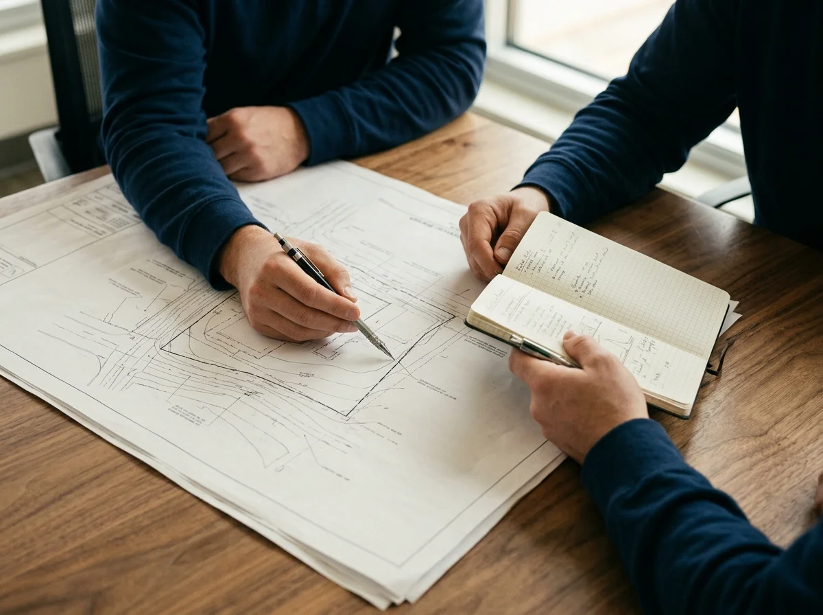 Dos personas inclinadas sobre un plano impreso extendido en una mesa de madera