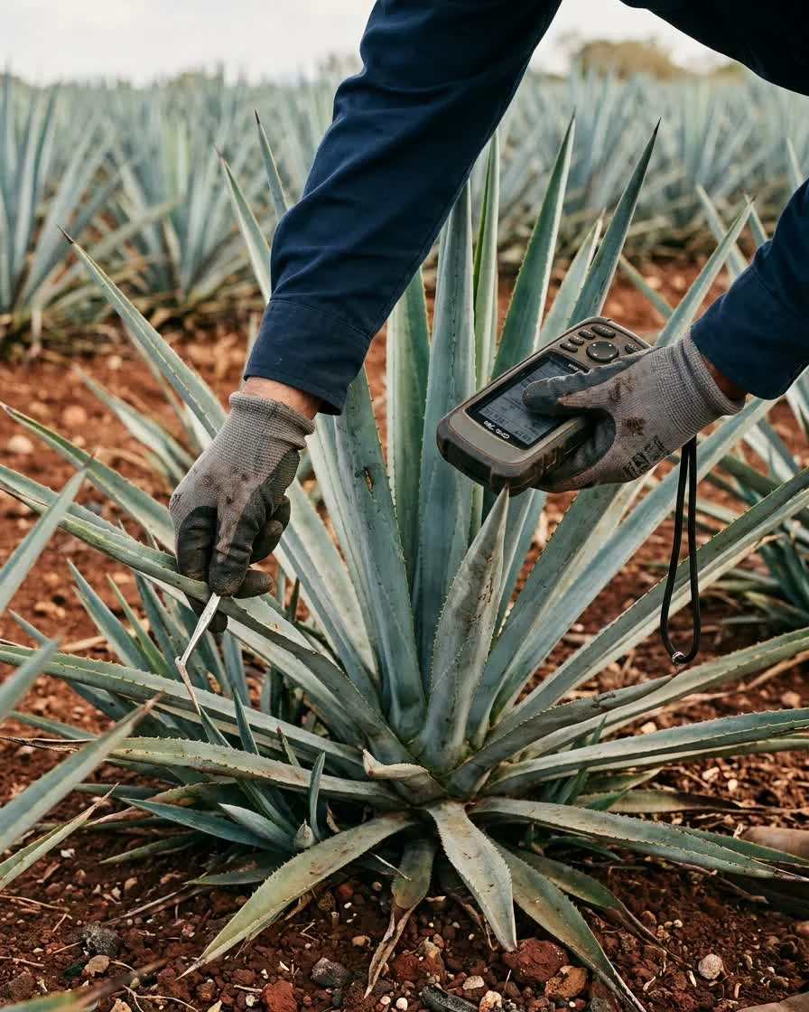 Técnico agrónomo realizando inspección fitosanitaria georreferenciada en campo