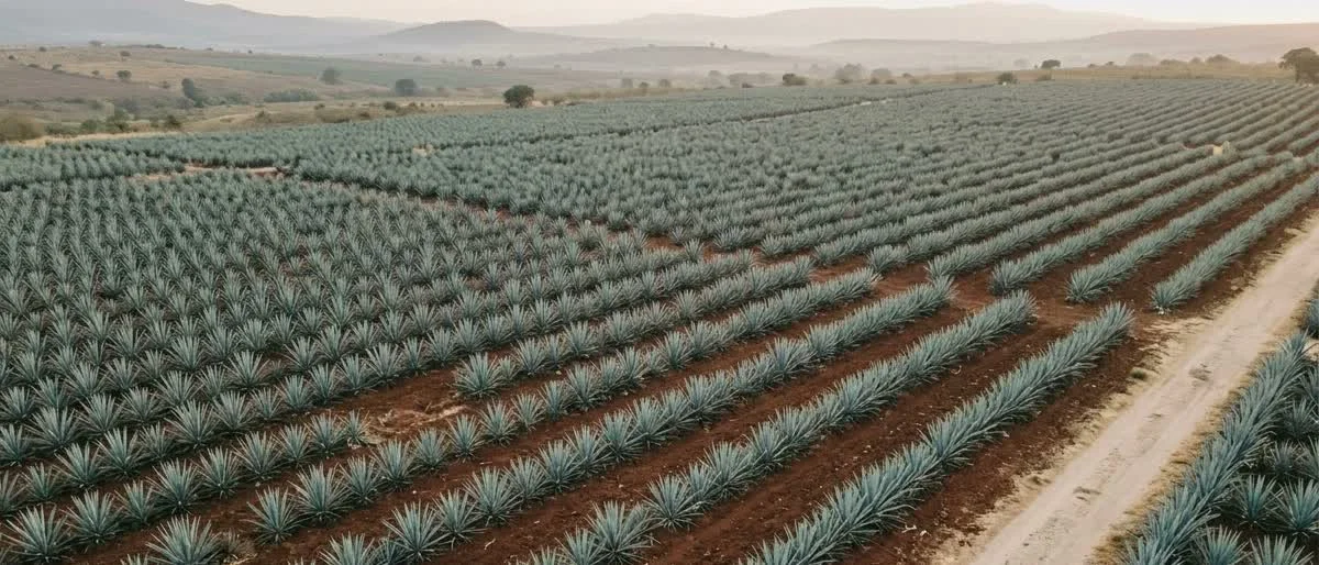 Plantación de agave azul tequilero para agricultura de precisión al atardecer