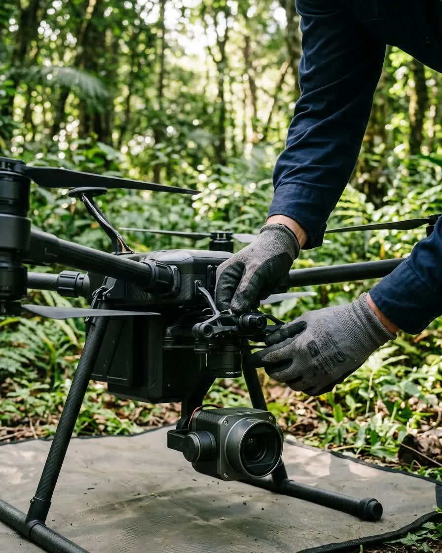 Dron con sensor LiDAR preparado para despegue en zona forestal