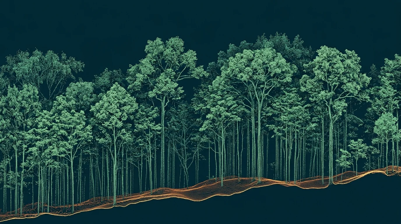 Perfil topográfico LiDAR de terreno natural clasificado bajo vegetación densa