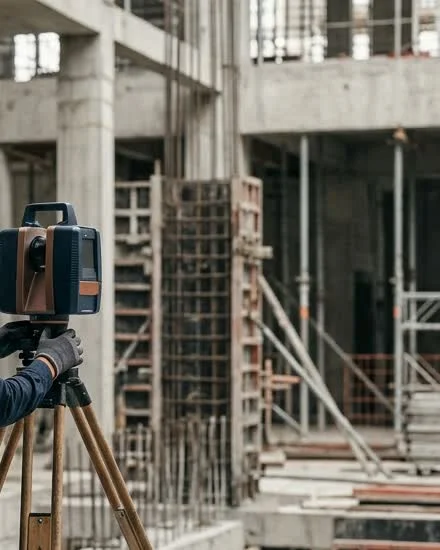 Detalle de escáner láser terrestre TLS operando en estructura de concreto