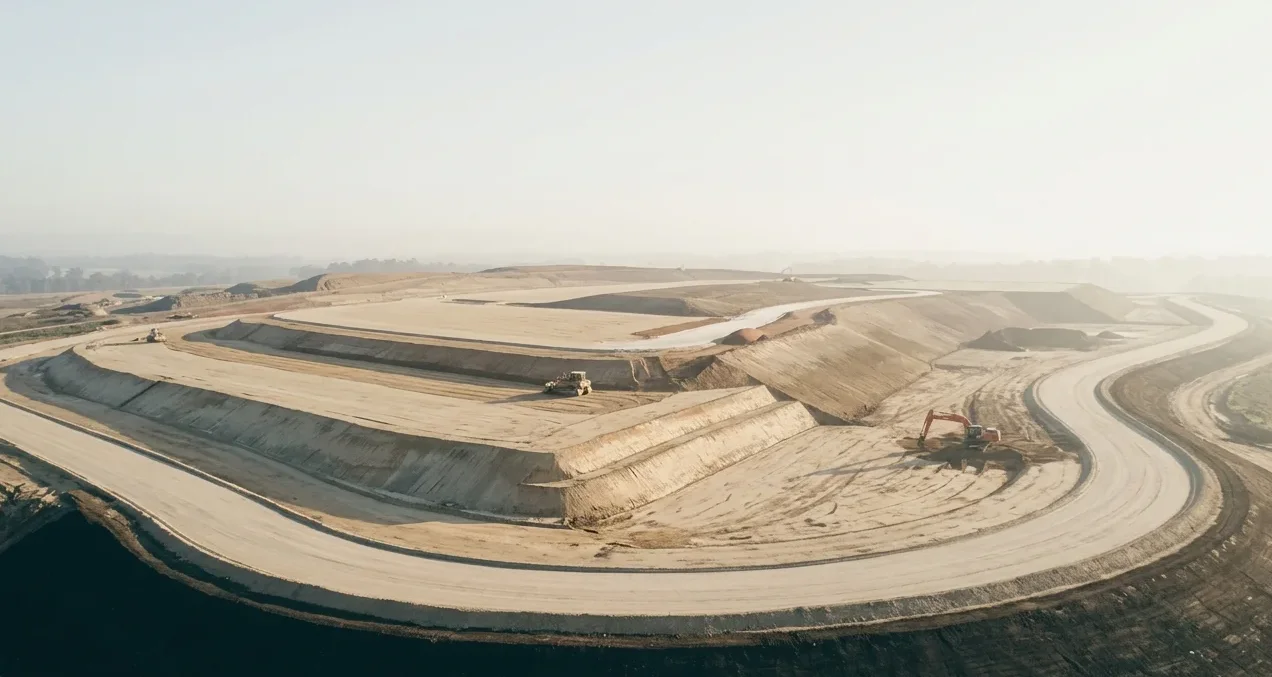 Obra civil y terracerías de infraestructura al amanecer capturada con dron