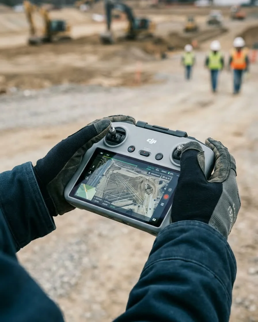 Piloto certificado operando dron topográfico frente a desarrollo de obra
