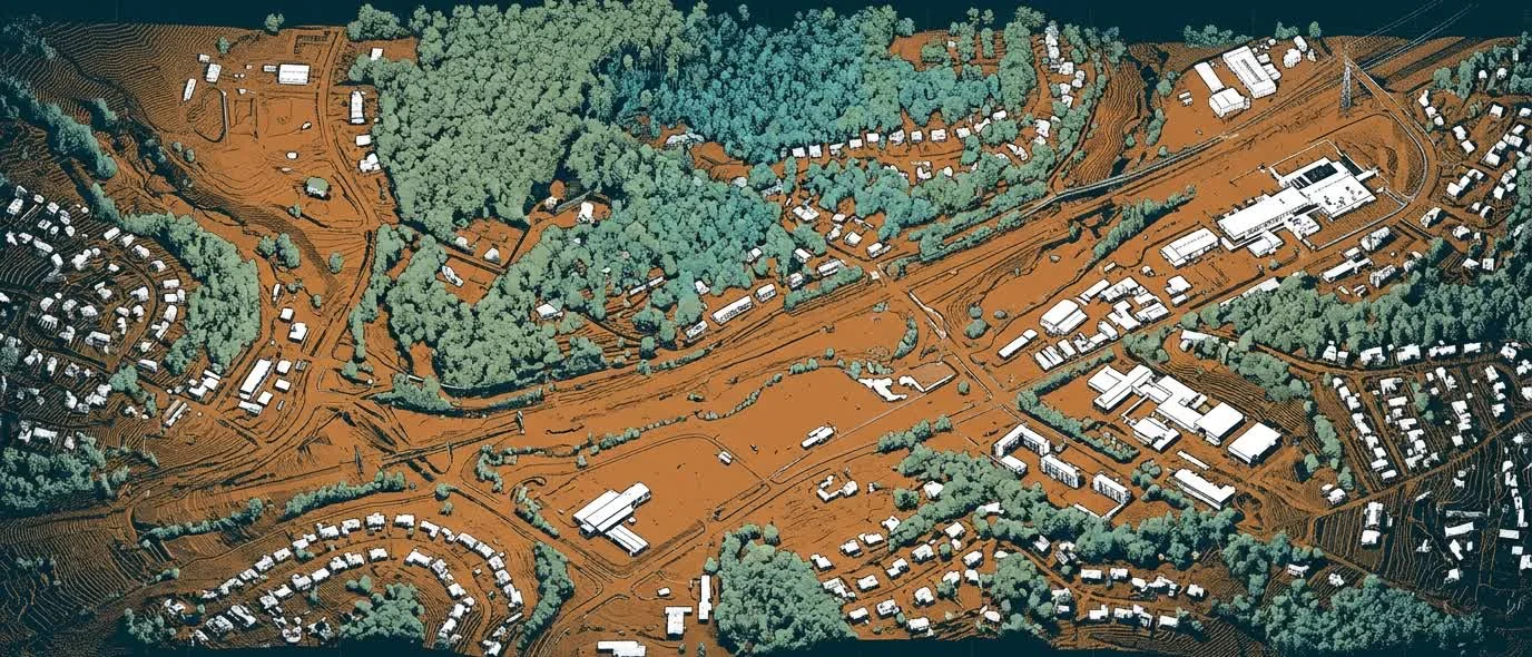Nube de puntos LiDAR con clasificación de terreno, construcciones y vegetación