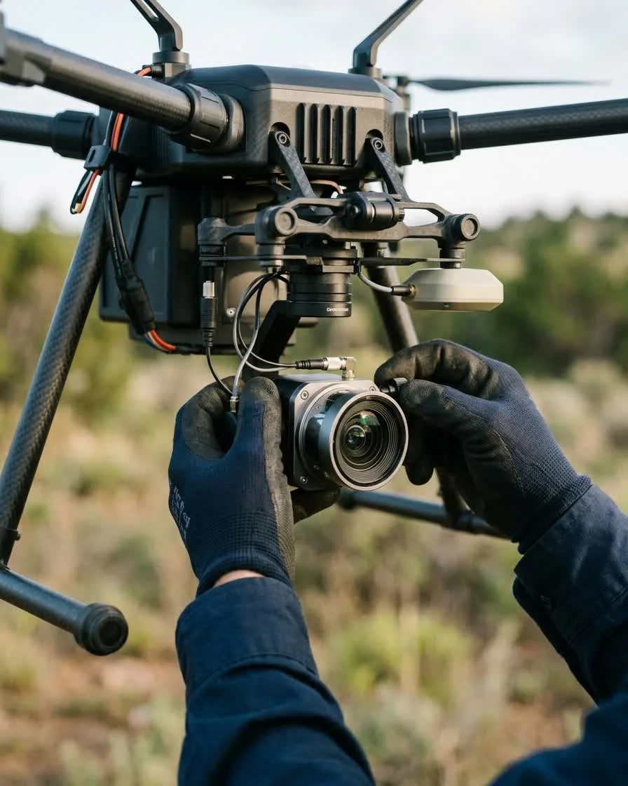 Sensor LiDAR de alta precisión montado en dron industrial con sistema RTK