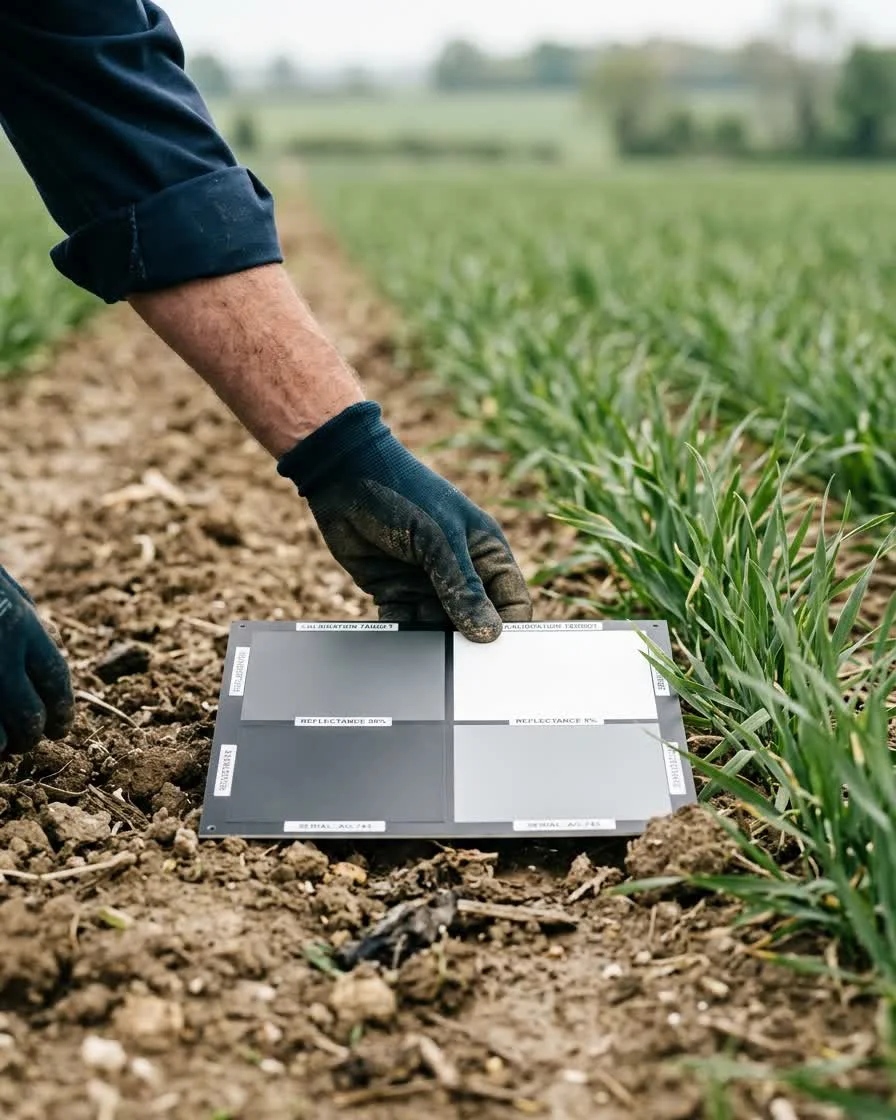 Técnico calibrando panel de reflectancia radiométrica en campo antes del vuelo