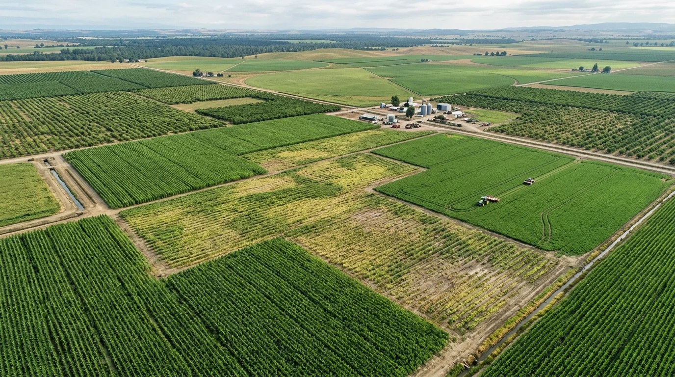 Vista aérea de cultivo con zonas diferenciadas por vigor y absorción de nutrientes