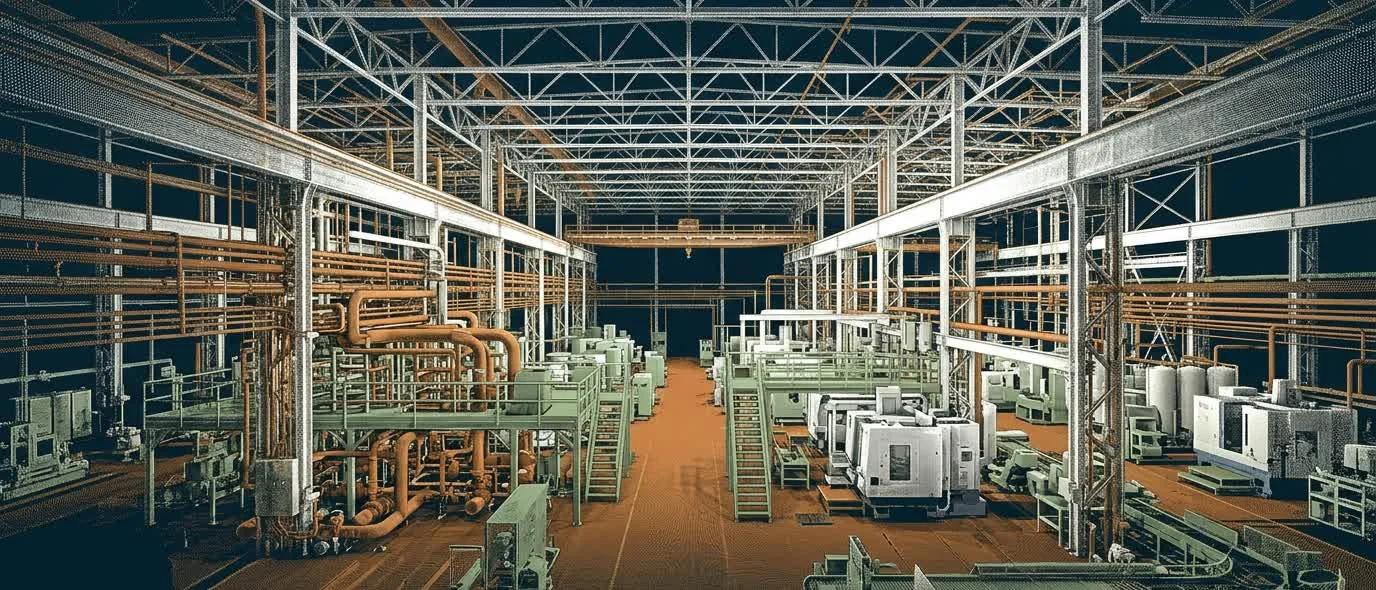 Nube de puntos milimétrica de interior de nave industrial y tuberías